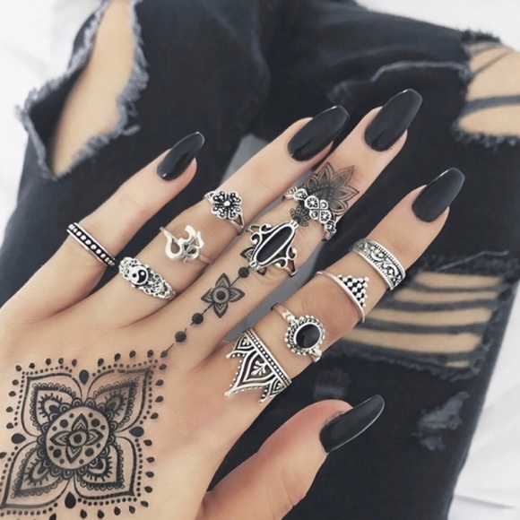 Jewelry - 10pc BOHO RING SET black SILVER Ohm band crown